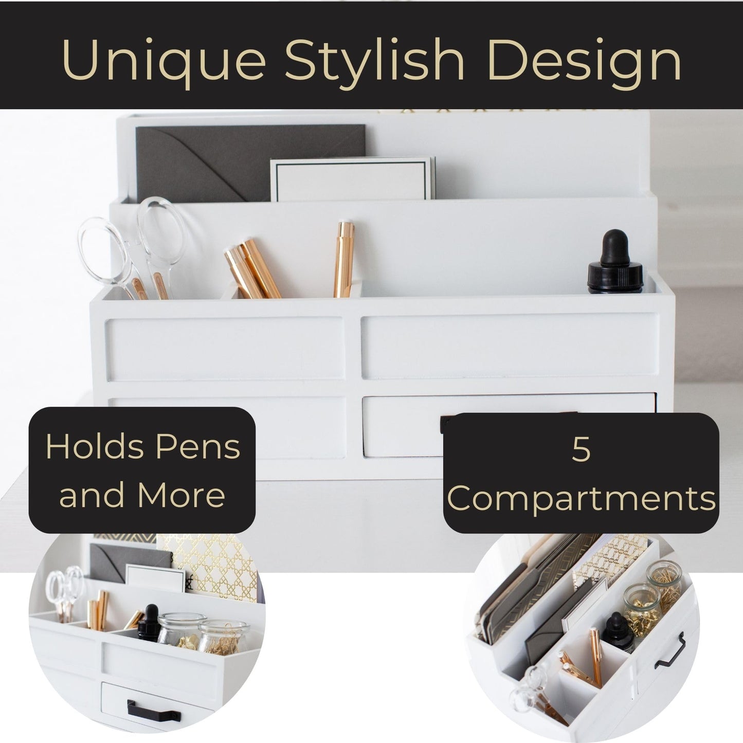 BLU MONACO | White Desktop Organizer with Drawer Storage | Tabletop Organizer with Drawers for Paper Bills Mail | Wooden Mail Organizer for Countertop Workspace