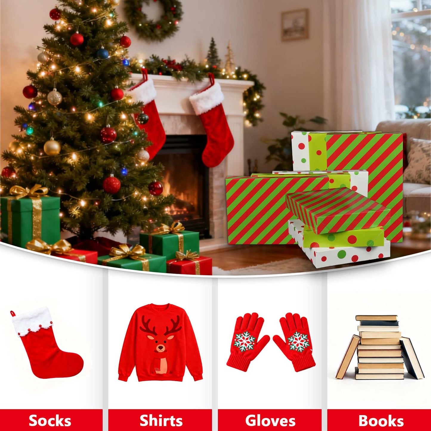Cayivran 12Pcs Christmas Gift Boxes,14.5 * 9.5 * 2Inch Medium Clothes Gift Boxes With Lids,3 Designs Red Green White Shirt Box,Apply To Birthday Party Valentine's Day Wedding Christmas Thanksgiving