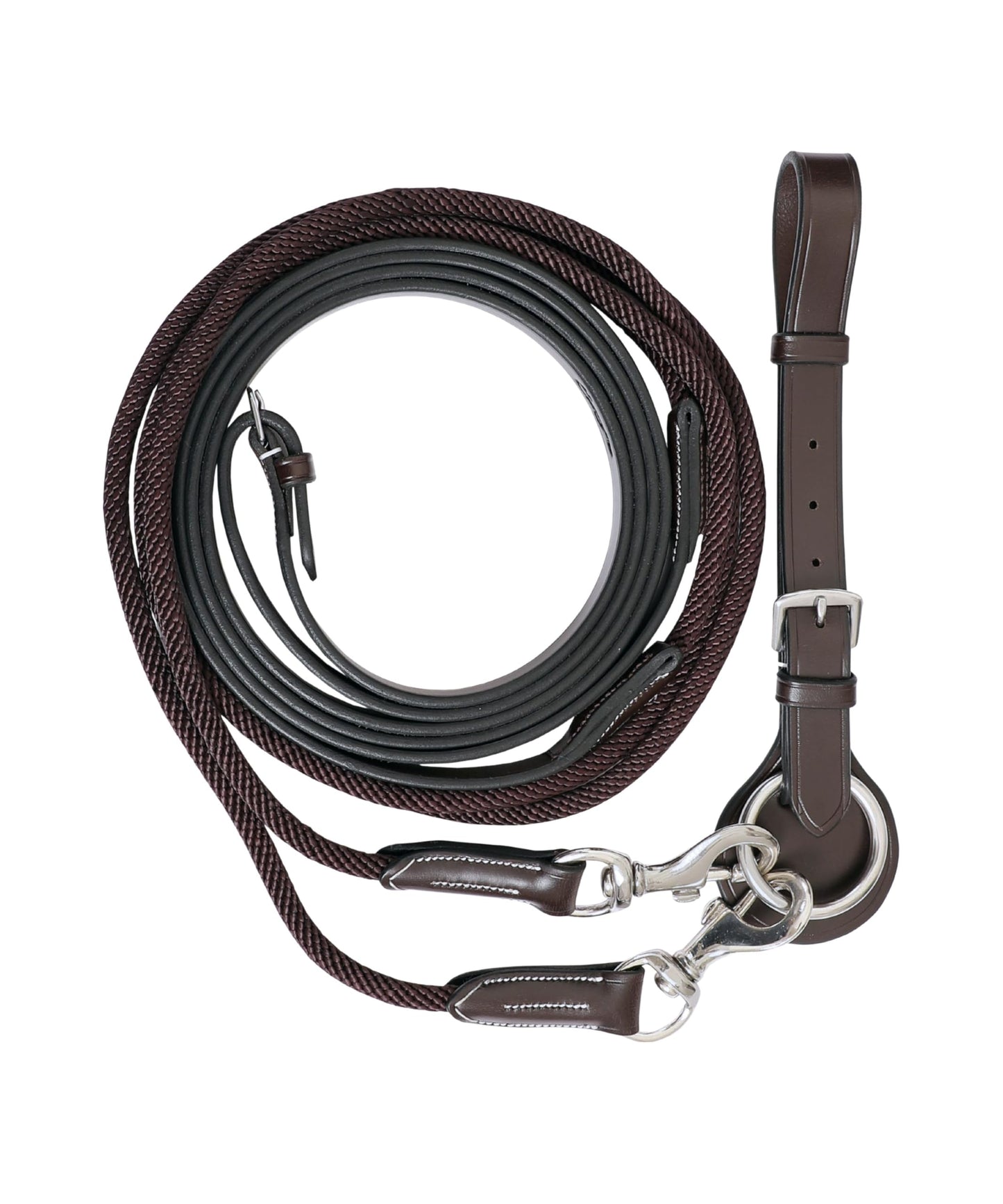 ExionPro Exion Leather and Rope Draw Reins for Horses, 6/8-19 mm Wide 90 inches Long with Buckle Guard Handle and Quick Snap | Premium Equestrian Training Draw Rein for Horses