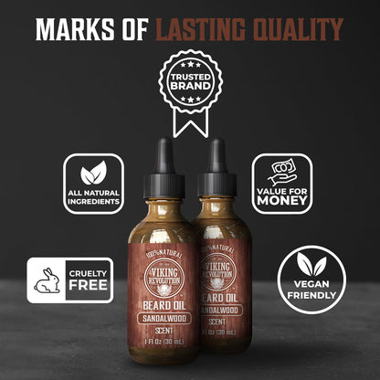 Viking Revolution Sandalwood Beard Oil for Men - Natural Mens Beard Oil with Argan Oil and Jojoba Oil - Beard Softener, Strengthens and Moisturizes - Beard Conditioner for Men (Sandalwood, 1 Pack)