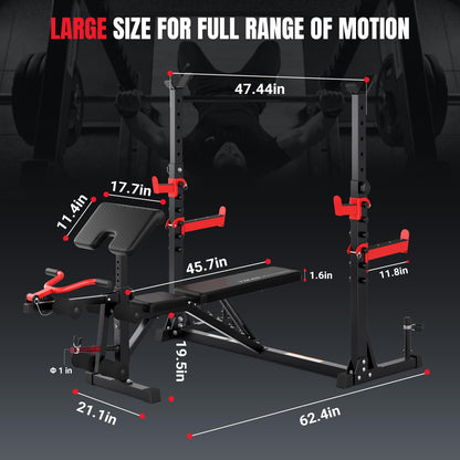 Yoleo Weight Bench with Rack - Bench Press Set, Leg Extension, Preacher Curl & Flat/Incline/Decline Full Body Workout Bench, Adjustable Olympic Weight Benches for Home Gym(47.44IN WIDE GRIP) (47.44“ Wide Grip)