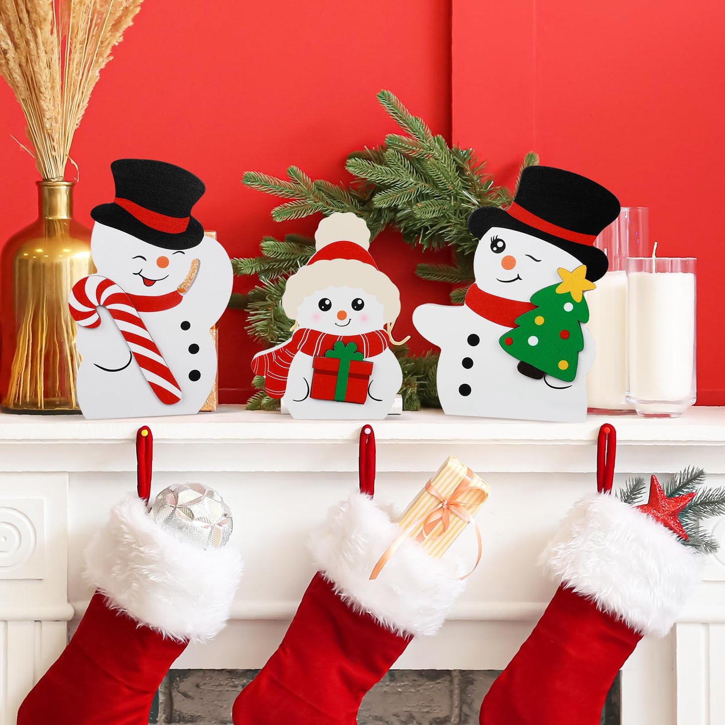 COCHIE Snowman Christmas Decorations Indoor, Cute Winter Tiered Tray Decor Set of 3, Wooden Snowman Blocks Xmas Table Decoration for Party Home Office Shelf Door (Peppermint Candy Canes)