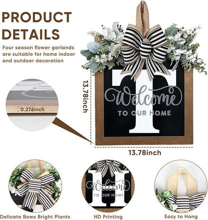 Ultra Large 14'' Last Name All Year Round Front Door Wreath with 26 Initial Letter Welcome Sign All Seasons Eucalyptus Garland and Bow Wreaths for Front Door Porch Farmhouse Decoration (T)