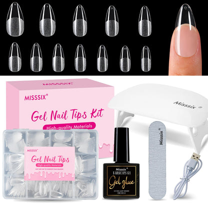 Misssix Short Almond Gel Nail Tips Kit, 216Pcs Pre Etched Clear Fake Nails, Full Cover False Nail 9-in-1 Gel Glue and Portable Mini U V Nail Lamp for Women 12 Sizes