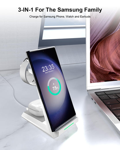 Wireless Charger for Samsung - NANAMI 3 in 1 Charging Station for Multiple Devices, Fast Charger Stand for Galaxy S25 S24 S23 Ultra S22 S21 Z Flip Fold 4,Galaxy Watch 6/5/5 Pro/4/3, Galaxy Buds 2 Pro