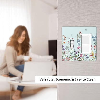 Rustic Wild Floral Vintage Blue Watercolor Flower 2 Gang Single Toggle Rocker Combination Light Switch Cover Unique Decorative Wall Plate Cover Electrical Faceplate Switchplate for Bedroom
