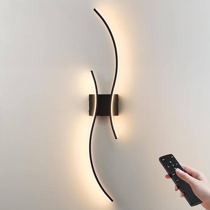 Battery Operated Wall Sconces with Remote Control, Stepless Colors 3000K-6000K & Dimming, LED Black Wireless Wall Light for Living Room, Hallway, Bedroom, 39.3 Inch (1 Pack)