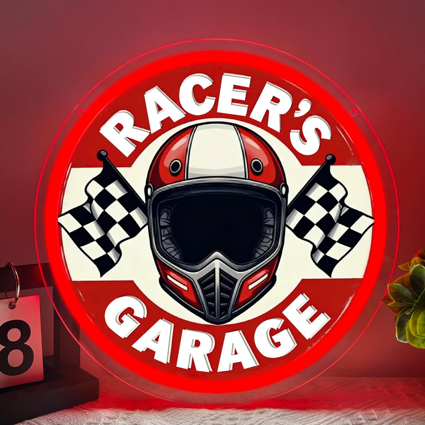 RuCvixkt Racers Garage Neon Sign, LED Motocycle Helmet Neon Light, Garage Neon Signs Man Cave Game Room Wall Decor, Neon Lamp Gift for Boys Motorcyclist Fans