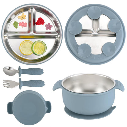 Silicone Feeding Set,Stainless Steel Suction Plate,Baby Utensil Set.Include a Spoon,a Fork, a Plate,a Stainless Steel Kids Bowl.