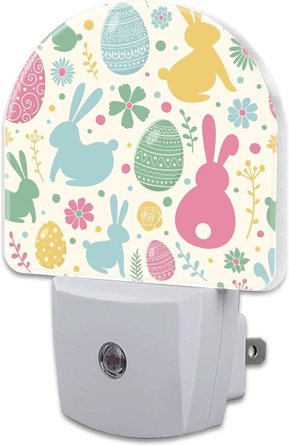 Easter Bunnies and Eggs Night Light, Colorful Rabbits and Flowers Dusk to Dawn Night Light Plug in,0.5w Energy Saving Sleep Friendly NightLight for Kids Boys Girls Home Decor