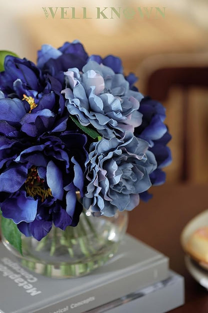 Artificial Flowers in Vase, Artificial Peonies for Vase with Faux Water, Silk Fake Flower Arrangements for Fall Winter Wedding Home Coffee Table Decor Thanksgiving Centerpieces (Blue)