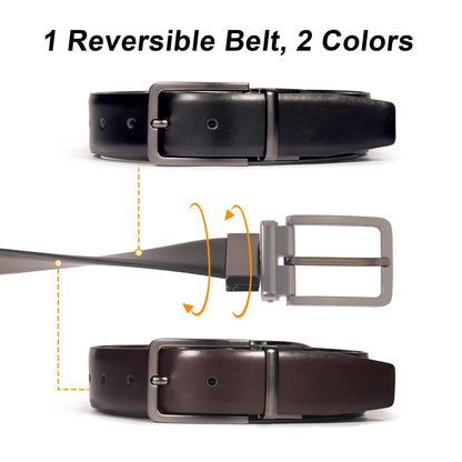 DENGFENGZHE Men's Belt Reversible Belt Men 1 Piece - 1 3/8" Leather Dress Belt - Trim to Fit for Elegant Style (Black/Brown (Burnished), 28"-30" Waist Adjustable)