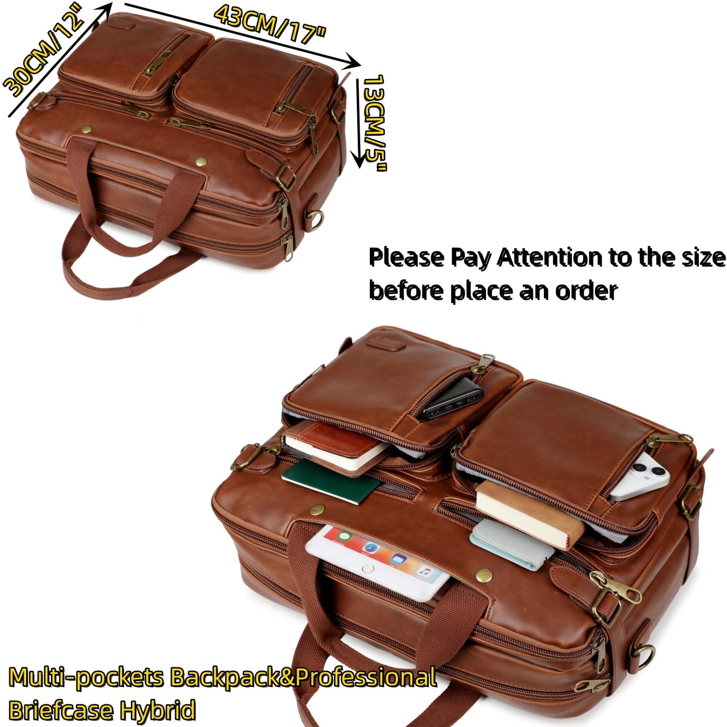Baosha Leather Laptop Briefcase Backpack Hybrid Large 17 inch Laptop bag Travel Carry on Backpack Vintage for Men HB-22 (Brown)