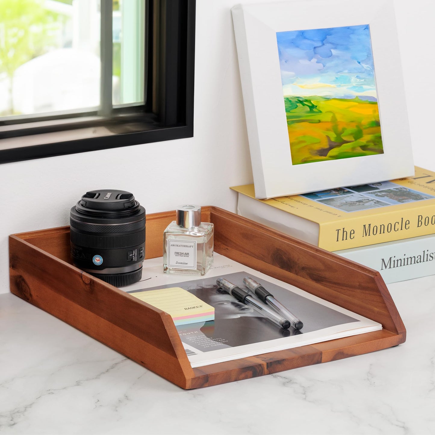 Demigo Desk Organizer Letter Tray Set of 2, Acacia Wood Tabletop Desktop for Storage Paper Letter Folders Notebooks Copy Print, Workspace Holder, Keep Stationery Saver (Brown)
