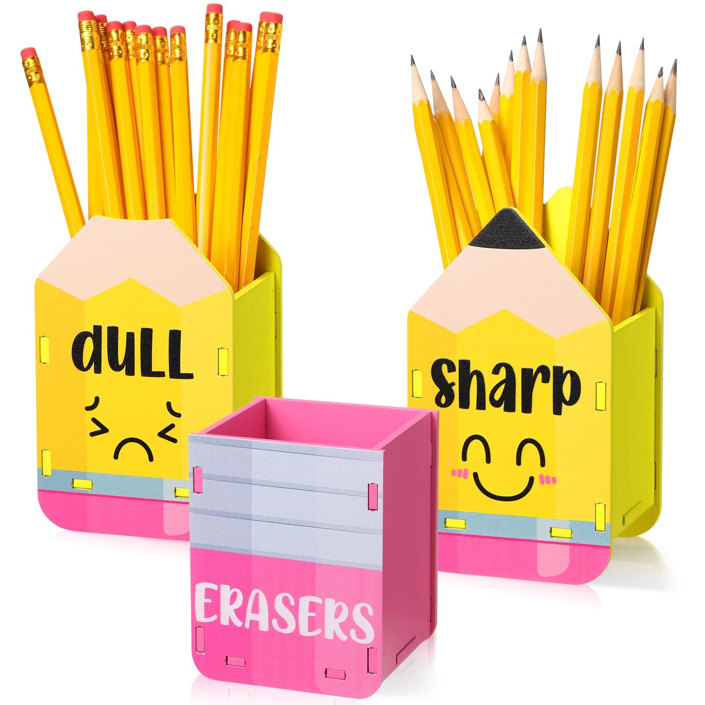 DoubleFill 3 Pcs Sharp and Dull Pencil Holder Eraser Buckets Wooden Shaped Dispenser for Back to School Teachers Classroom Management(Yellow Face)