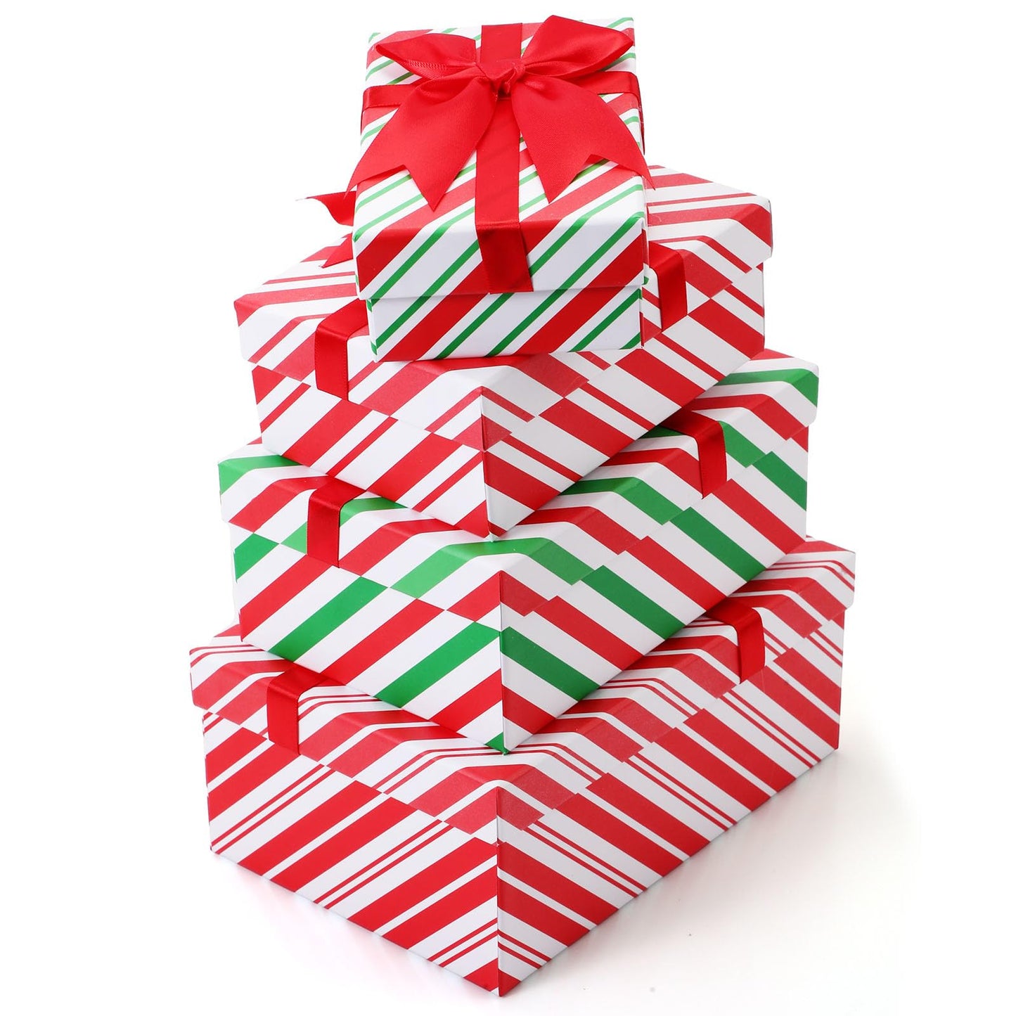 Zhanmai 4 Pcs Christmas Nesting Gift Boxes Christmas Hard Stackable Boxes with Lids Decorative Xmas Nested Present Boxes for Birthday Party Gift Supplies (Red, White, Green, Striped)