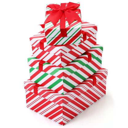 Zhanmai 4 Pcs Christmas Nesting Gift Boxes Christmas Hard Stackable Boxes with Lids Decorative Xmas Nested Present Boxes for Birthday Party Gift Supplies (Red, White, Green, Striped)