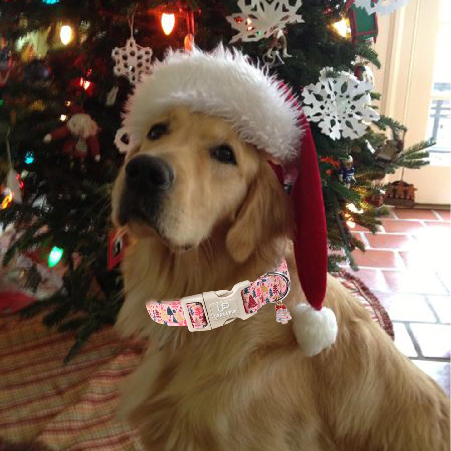 UP URARA PUP Christmas Dog Collar, Pink Christmas Tree for Dogs, Adjustable Pet Collar with Cute Xmas Tree Pendant, Festive Winter Dog Accessories for Small Medium Large Dogs M