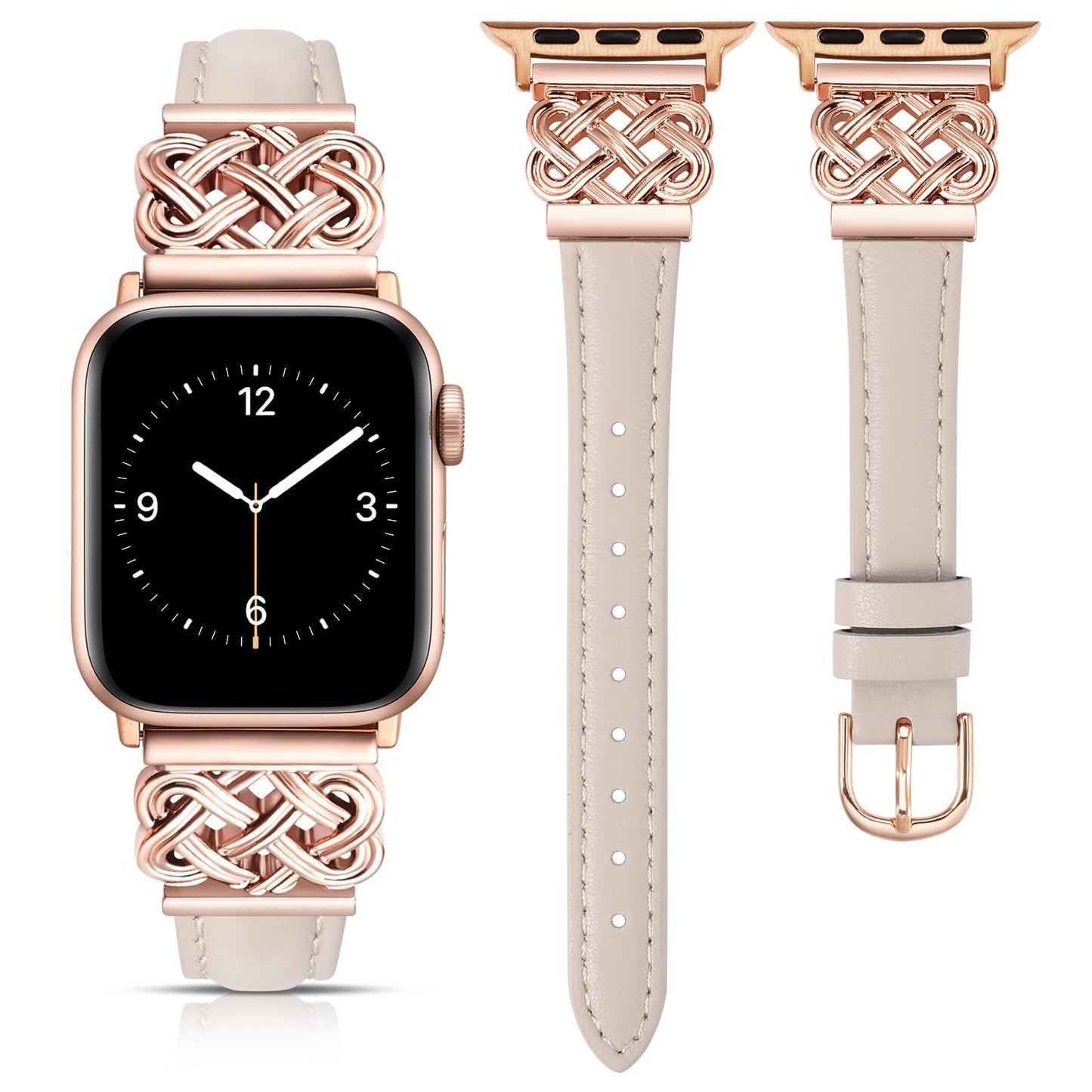 TOYOUTHS Compatible with Apple Watch Bands Women 38/40/41/42mm Dressy Slim Leather Strap with Celtic Knot Interlock Buckle Bracelet for iWatch Series 11 10 9 8 7 6 5 4 SE 3 2 1, Starlight/Rose Gold
