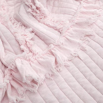 Ultra Soft Pre-Washed Quilted Boho Pink Twin Size Blankets for Bed, Ruffle Fringed Decorative Throw, Stone Washed Chic Rustic Blanket for Sofa Couch Bed, 60"*80"