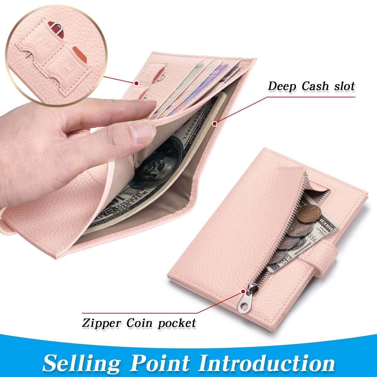 FREYAMIRA Passport Holder for Travel Women RFID Blocking Genuine Leather Passport Wallet with Card Slots, Zipper Coins Pocket, Cash Holder, Pink