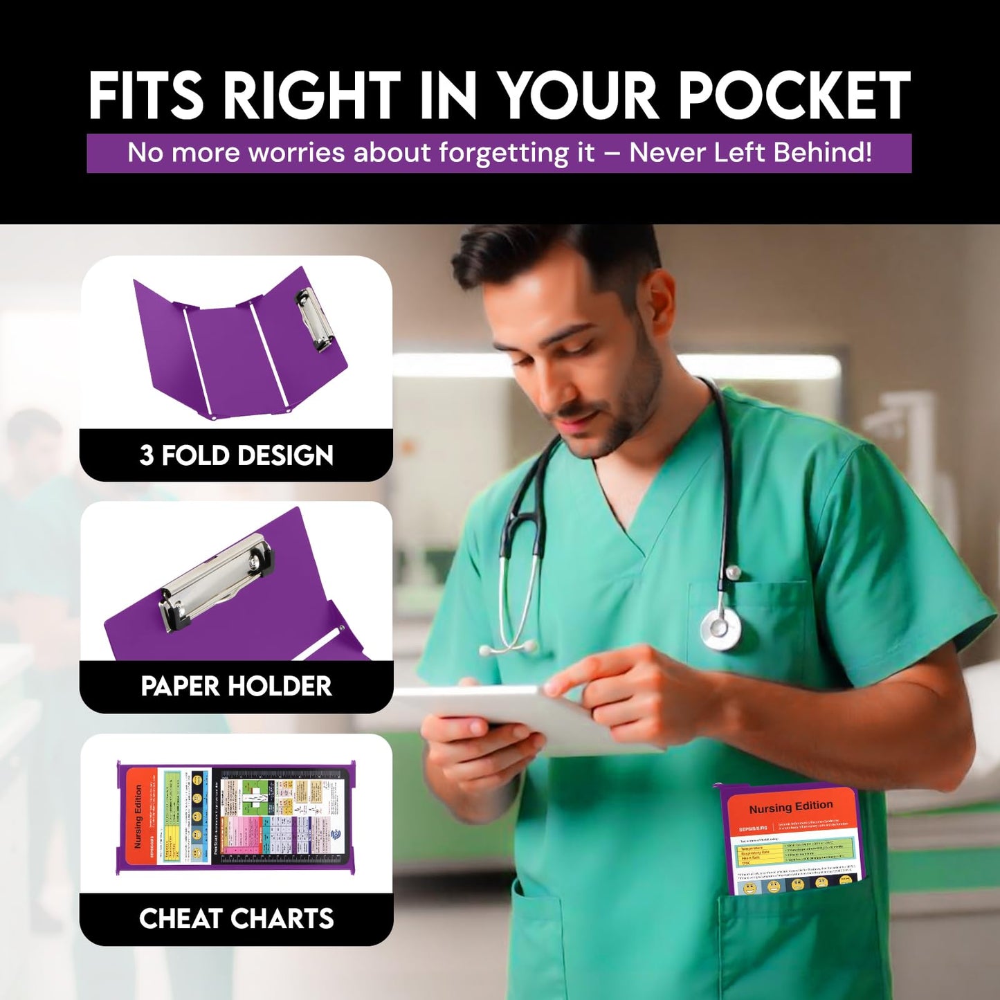 Nursing Clipboard with Nursing and Medical Edition Cheat Sheets 3 Layers Aluminum Foldable Nurse Clip Board Nursing Student Essentials - Foldable Clipboard Nursing Nursing School Essentials (Purple)