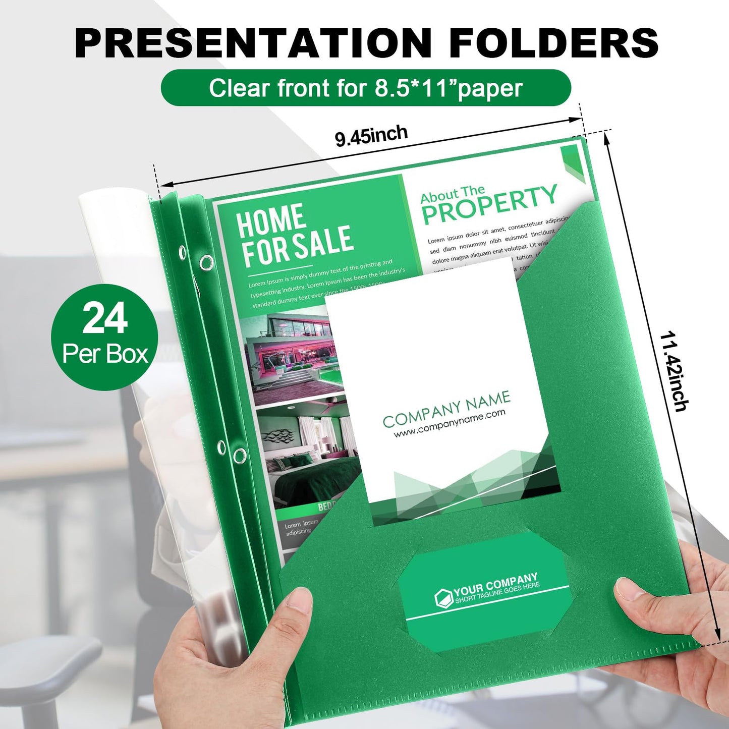 Teling 24 Pcs Clear Front Report Covers with 3 Prongs, Suit for A4/8.5'' x 11'' Letter Size Paper, Plastic Green Presentation Folders Bulk, 90 Sheet Capacity, for School Business