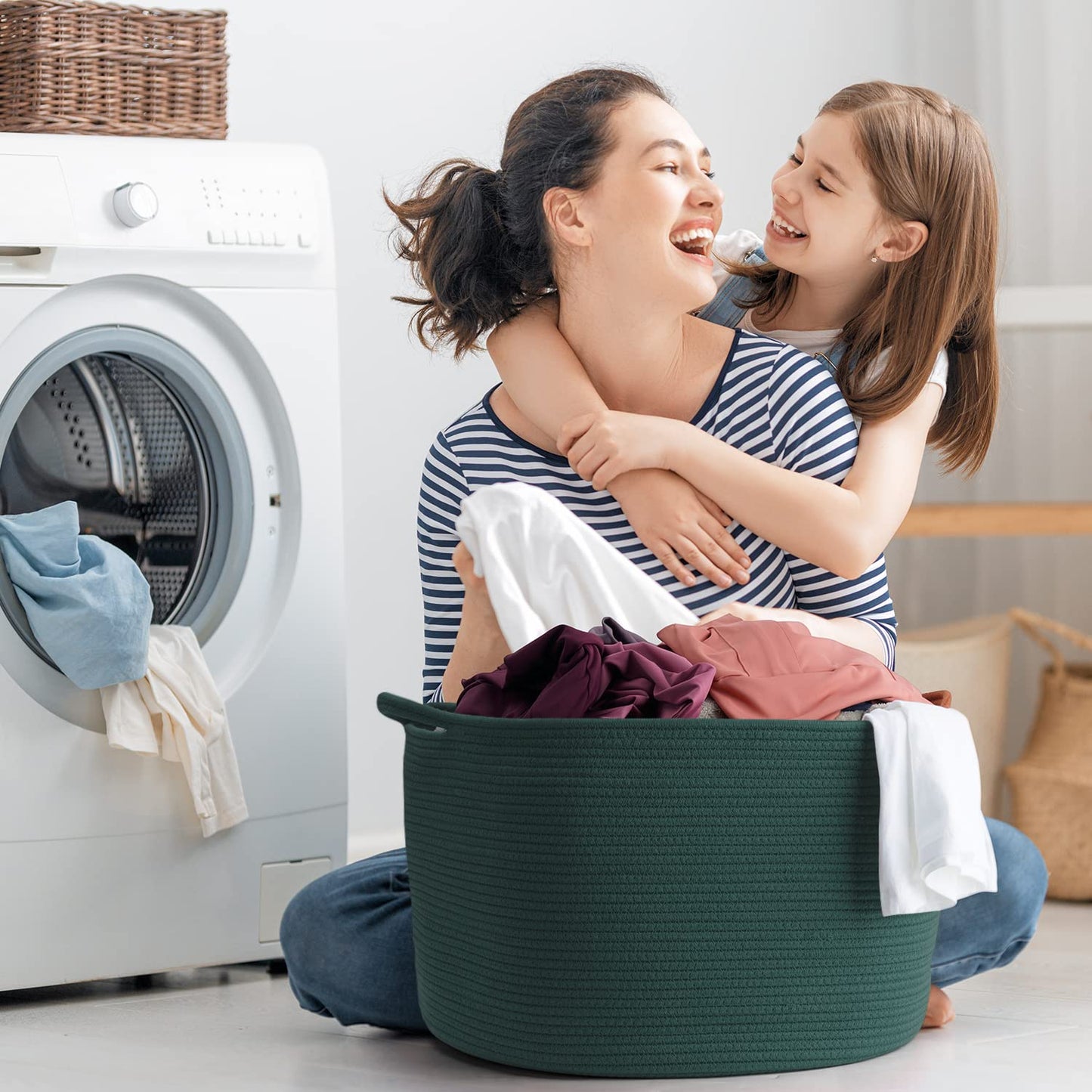Maliton Woven Rope Basket for Blankets, Extra Large Storage, Green Laundry Hamper, Baby and Pet Toy Storage, Big Towel Basket, 22" x 22" x 14" Blanket Holder, Cotton Rope Bin