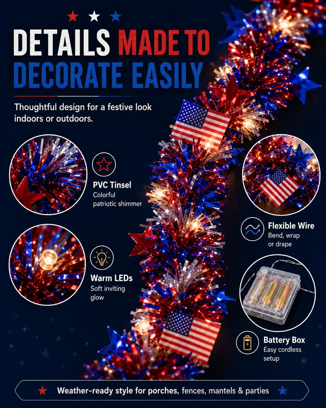American Flag & Star Red White Blue Fairy Lights, Battery Operated Patriotic Lights with Tinsel Garland, Warm White LED 4th of July Decorations for Memorial Day Independence Day Decor(20 FT,1pc)