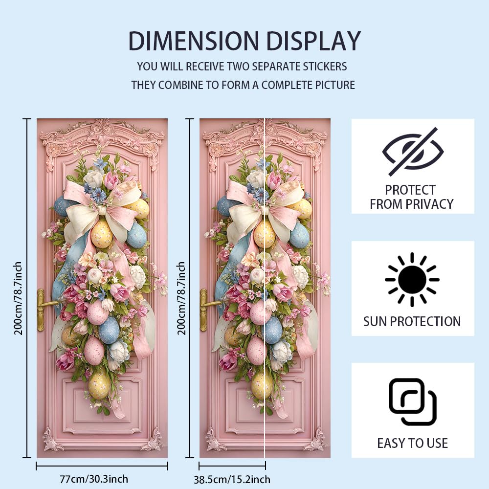WDESYADMS PVC Self Adhesive Door Sticker 30.3x78.7 Inch Easter Eggs and Floral Bow Design Peel and Stick Decorative Door Decal for Bedroom Living Room Entryway Spring Home Decor