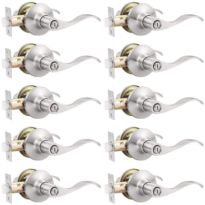 GOBEKOR 10 Pack Privacy Door Levers Bedroom Door Handle with Lock Satin Nickel Interior Door Handles Keyless Door Lock Wave Bed/Bath Lever