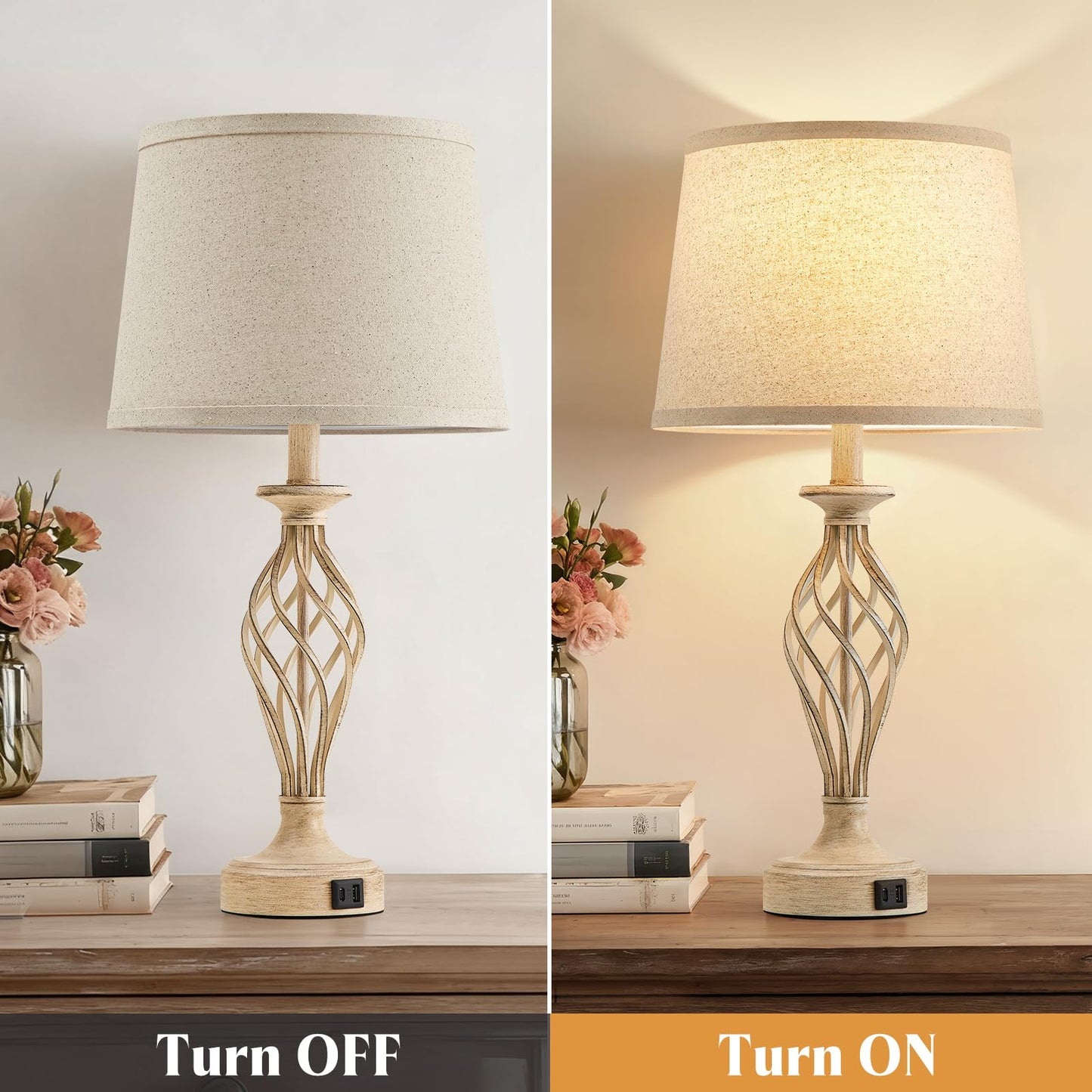 EJIAXIN Bedside Table Lamp for Bedroom Set of 2 - Beige Nightstand Lamps with USB C+A Ports,Rustic Distressed Farmhouse Bedroom Lamp - Lamp for Living Room Reading Bed Side End Table Bulbs Included