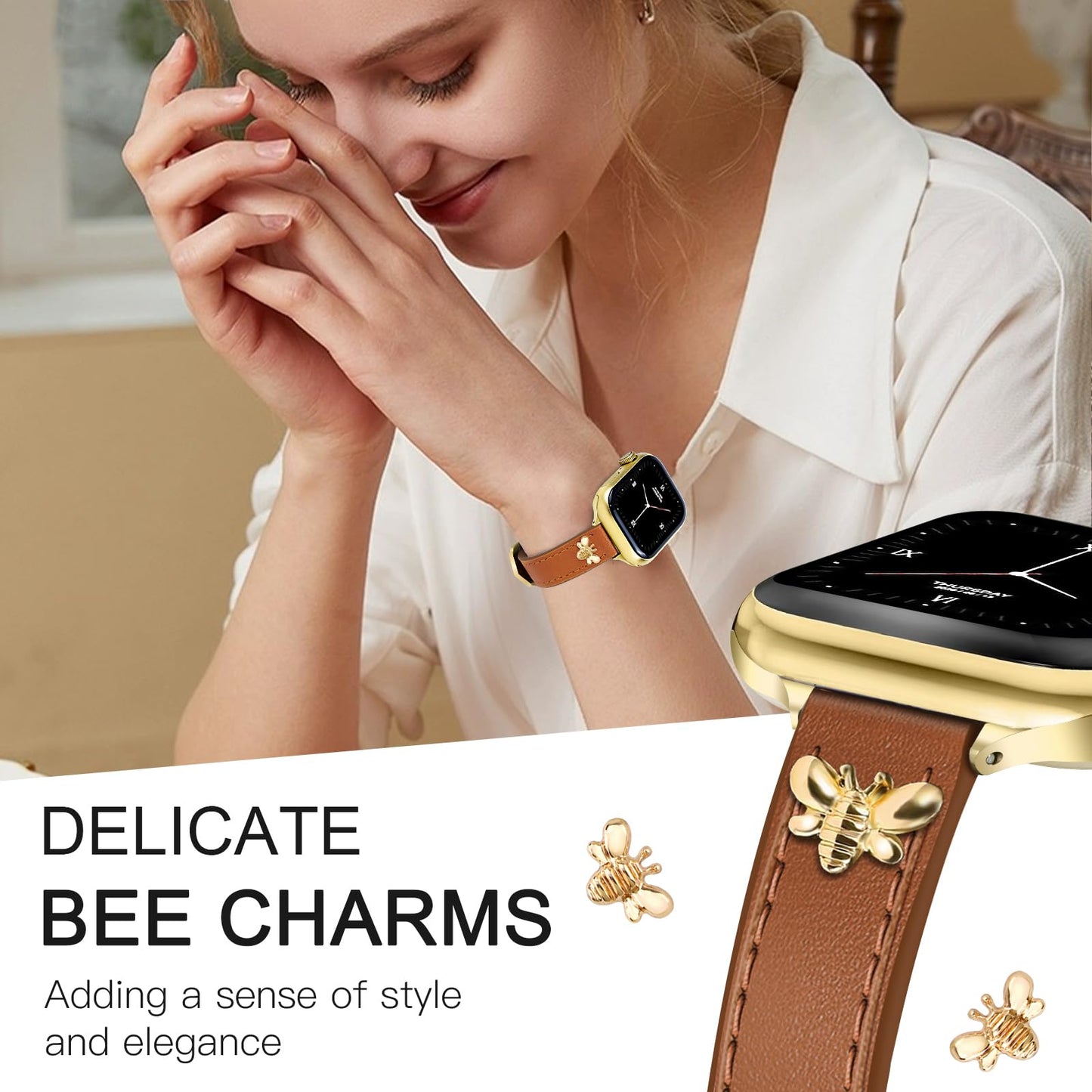 JR.DM Slim Leather Bands Compatible with Apple Watch Band 38mm 40mm 41mm 42mm 44mm 45mm 46mm 49mm, Genuine Leather Band with Charms, Feminine Design for Iwatch Ultra SE Series 11 10 9 8 7 6 5 4 3 2 1
