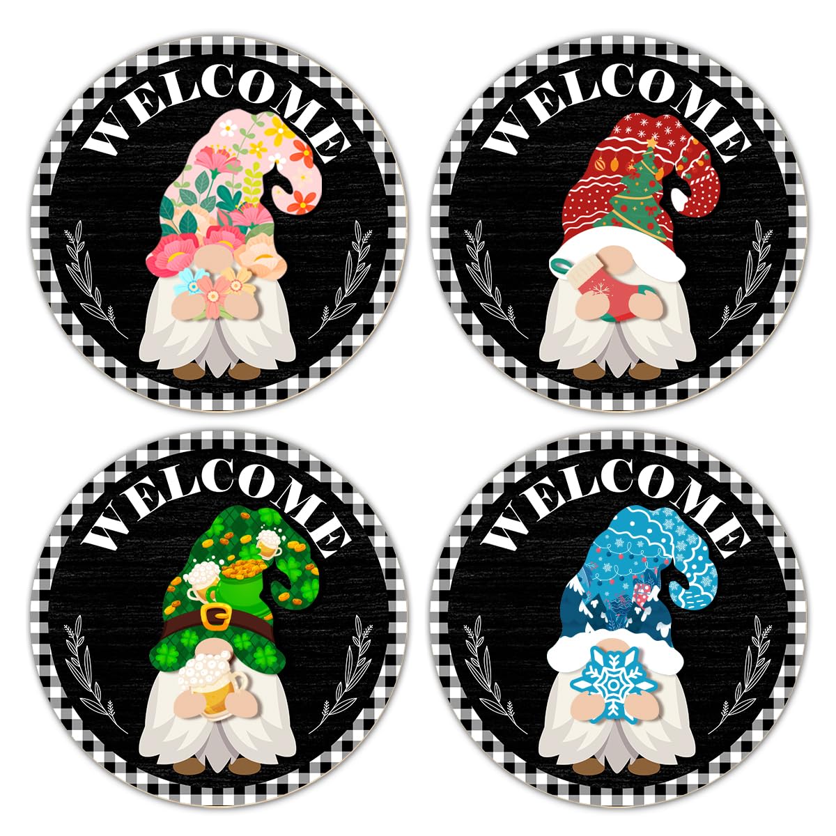 Interchangeable Gnome Welcome Sign Summer Patriotic 4th of July Porch Decor, Changeable Wood Gnomes Front Door Decoration Wreath Hanger for Spring Fall Winter All Seasons Holiday, Black Checkered