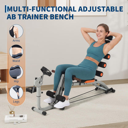 Multifunctional Ab Machine with Pedals, Adjustable Sit Up Bench, Core Workout Bench for Abdominal Training, Foldable Home Gym Fitness Equipment with Ergonomic Back Support, Full Body Exercise