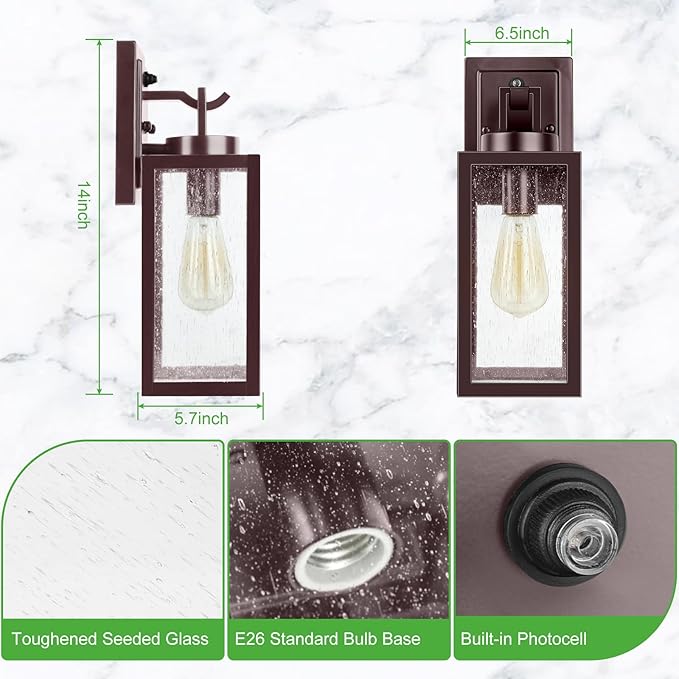 2-Pack 14'' Dusk to Dawn Outdoor Wall Light Fixtures, Oil Rubbed Bronze Exterior Lighting Fixtures Wall Mounted with Seeded Glass, Waterproof Porch Lights Outside Lanterns for House Front Garage