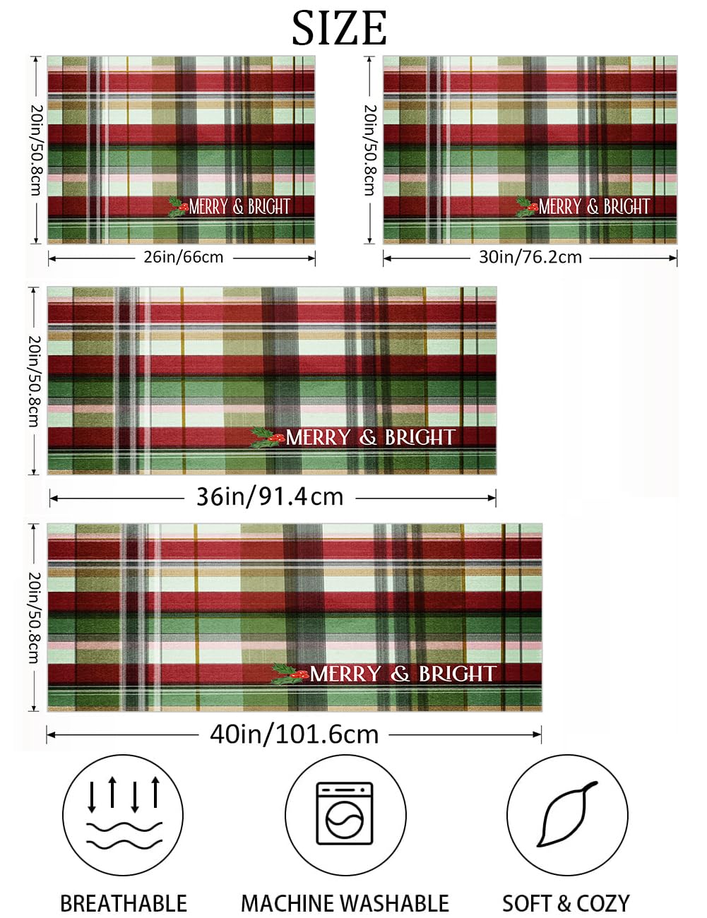 Easternproject Merry & Bright Christmas Buffalo Plaid Checkered Standard Pillowcases 20x26 Inch Double Sided Red Green Scottish Tartan Pillow Case Xmas Holly Berry Sleeping Throw Pillow Covers for Bed