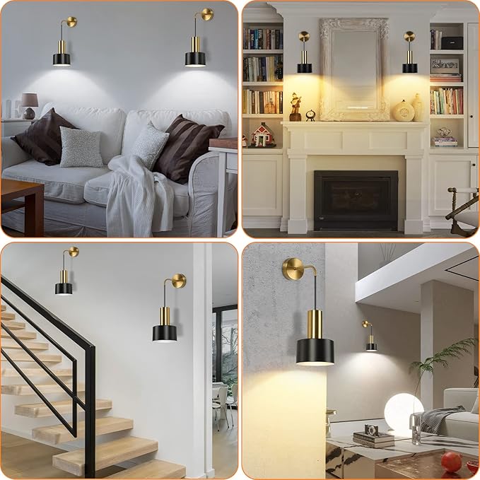 VerRon Set of 2 Battery Operated Wall Sconces, Wireless Wall Lights with Remote, Black & Gold Dimmable Wall Lamps with 3000K/4000K/6000K LED Bulbs, Modern Sconces for Bedroom Living Room Hallway