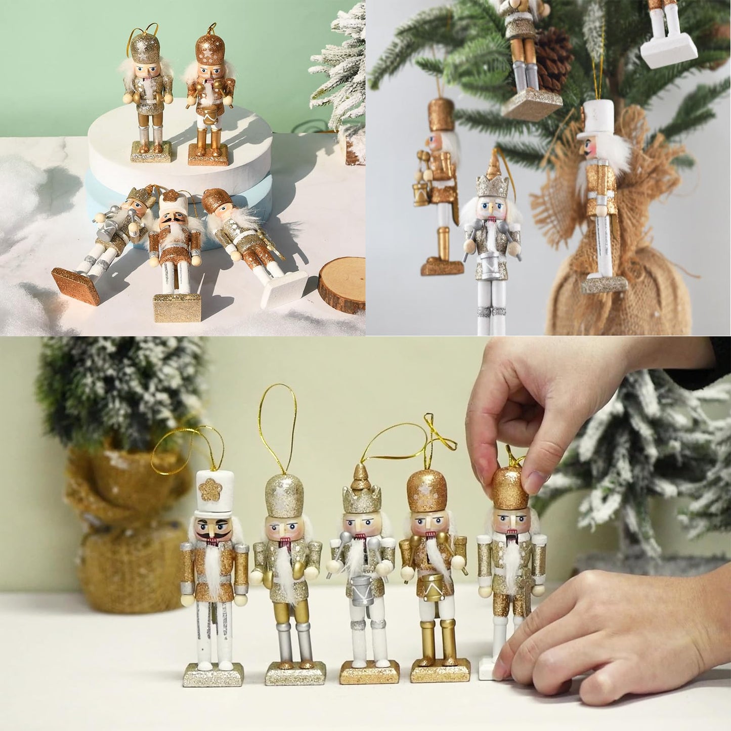 Christmas Nutcracker Ornaments Set, Wooden Christmas Nutcracker Soldier Figures Decorative Collectible Nutcracker 5 Inch Mini Nutcracker Figurines Christmas Tree Hanging Decorations, 5pcs Bling Gold