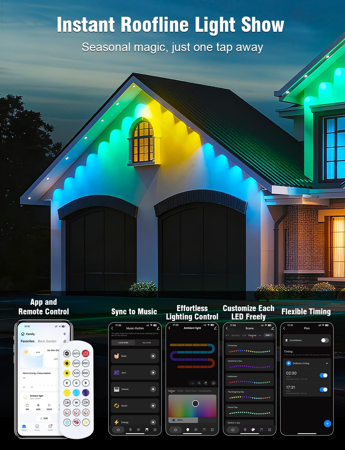 MGYIF Permanent Outdoor Lights 150FT RGBIC LED Smart LED Lights, App/Remote Control IP68 Waterproof for Holiday Decor, 50 Scene Modes, DIY Lights Lighting Timing for Christmas Halloween Party M2