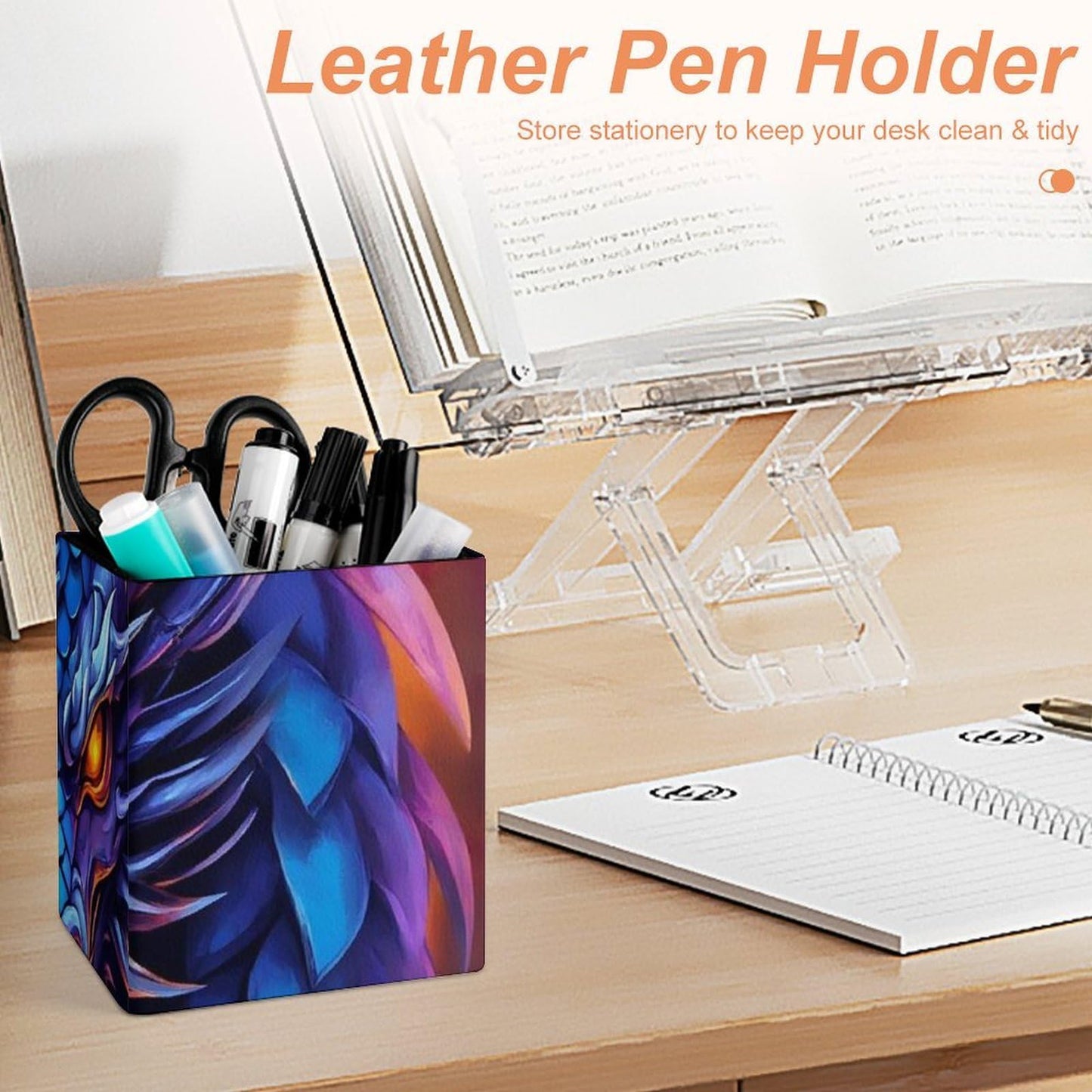 UTRSIFB Holder Cup Makeup Brush Storage Organizer, Waterproof Multifunctional Office Supplies, Pen Holder Square Leather Pencil Dragon