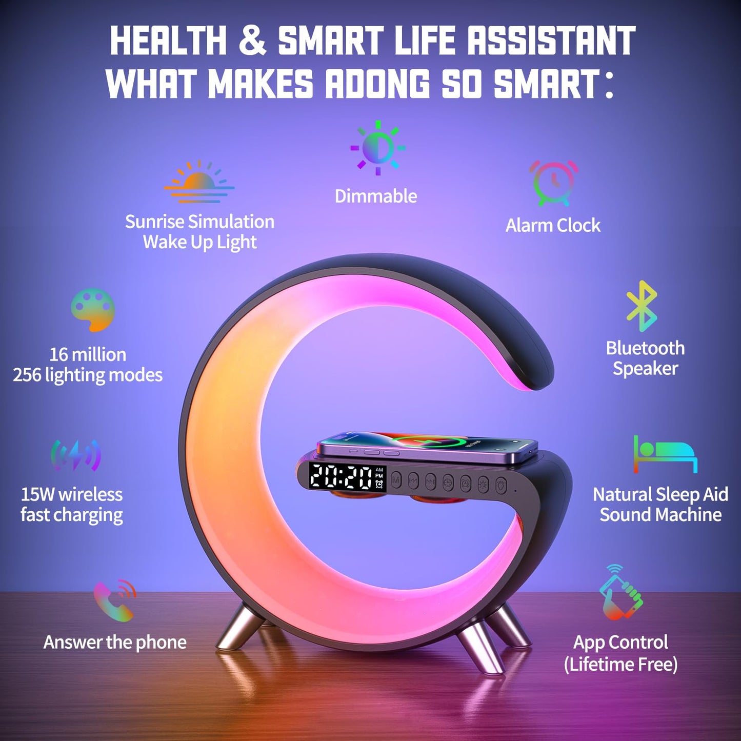 Smart Wireless Charging Alarm Clock with Bluetooth Speaker, App Controlled Bedside Lamp Table Light and Night Light, Bedroom Home Decor, Gift for Girls Boys and Family for Birthday Christmas (Black)