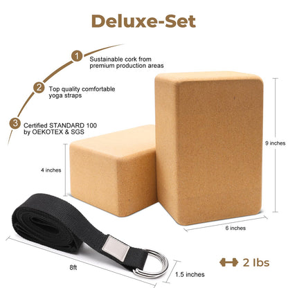 Cork Yoga Blocks 2 Pack Set -Natural Cork from Portugal, 9"x6"x4" Yoga Blocks Non-Slip&Anti-Tilt for Women| Men, Lightweight, Odor-Resistant| Moisture-Proof, Perfect Yoga Equipment