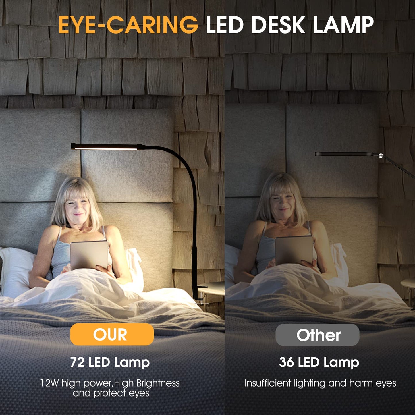 Voncerus LED Desk Lamp with Clamp, Eye-Caring Clip on Lights for Home Office, 3 Modes 10 Brightness, Long Flexible Goose-Neck, Metal, Swing Arm Architect Task Table Lamps with USB Adapter, Black