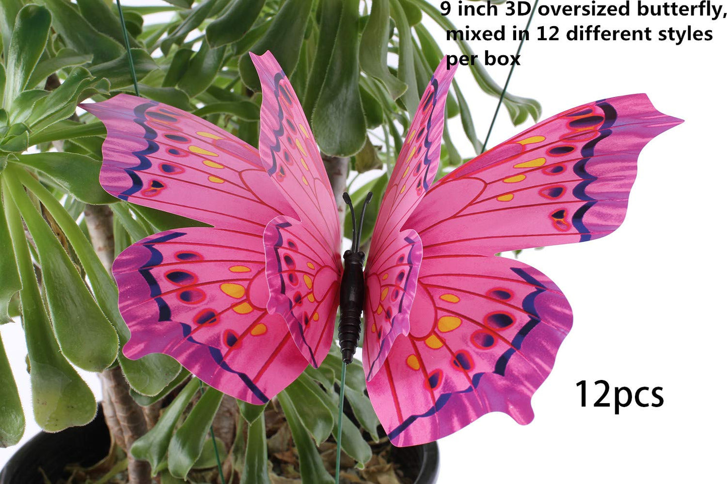 Giant Butterfly Garden Stakes Decorations Outdoor 3D Butterflies Lawn Decorative Yard Decor Patio Accessories Ornaments PVC Gardening Art Christmas Whimsical Gifts (Pack of 12)