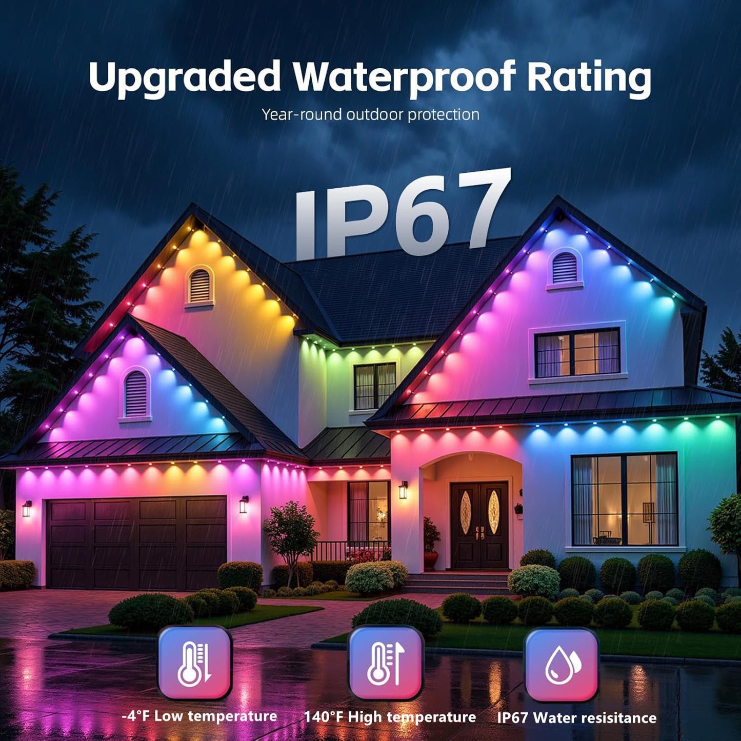 Permanent Outdoor Lights,50ft RGB + IC Smart LED Eaves Lights with App & Remote Control, IP67 Waterproof,for Christmas and All Holiday Decor,Daily and Accent Lighting,House Roof and Garden Lighting