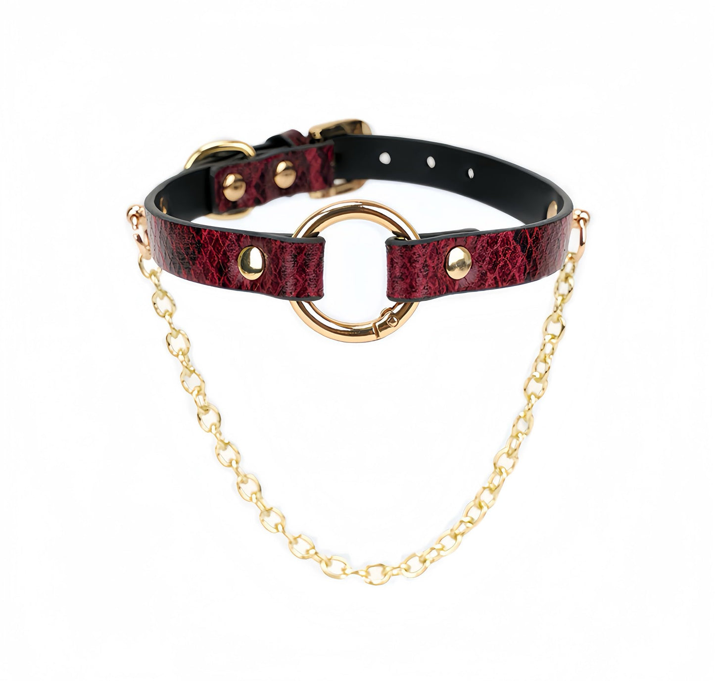Yurielys Red Snakeskin Leather Choker Necklace with Gold Chain – Gothic Punk Adjustable Women’s Collar