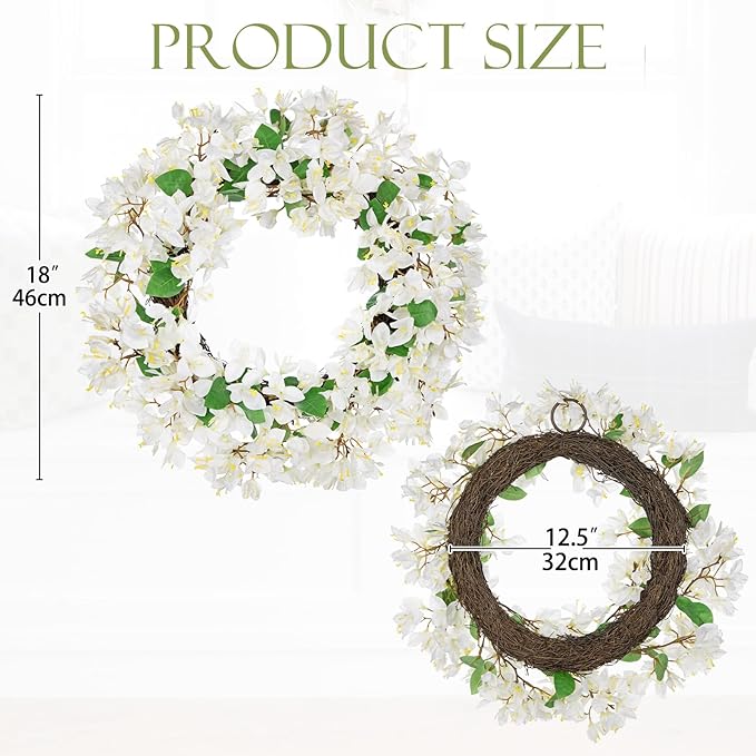Briful Spring Wreaths for Front Door 18'' Fake Bougainvillea Flower Wreath Silk White Floral Hanging Wreath Outdoor Summer Wreath for Home Wall Fireplace Front Porch Patio Décor