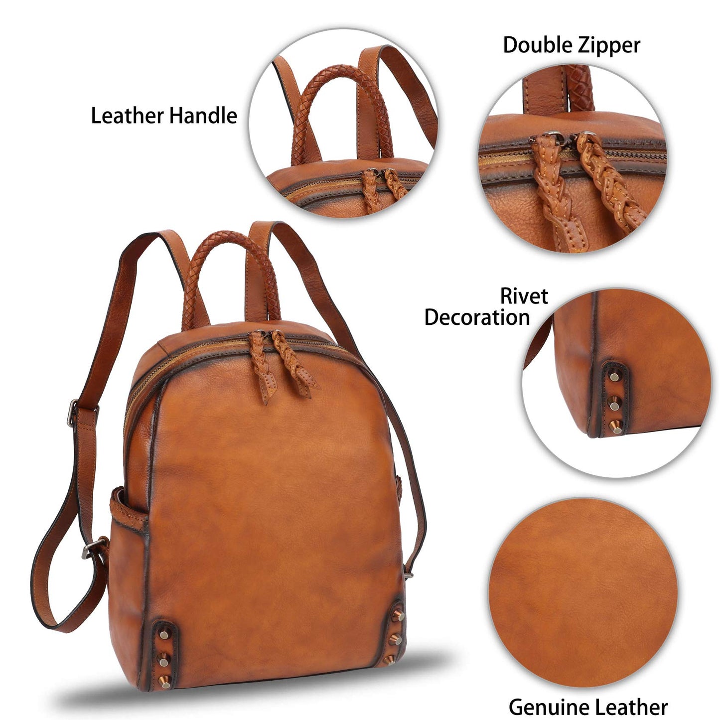 Genuine Leather Backpack Purse for Women Vintage Rucksack Casual Back Bag Handmade Cowhide Western Daypack (Brown)