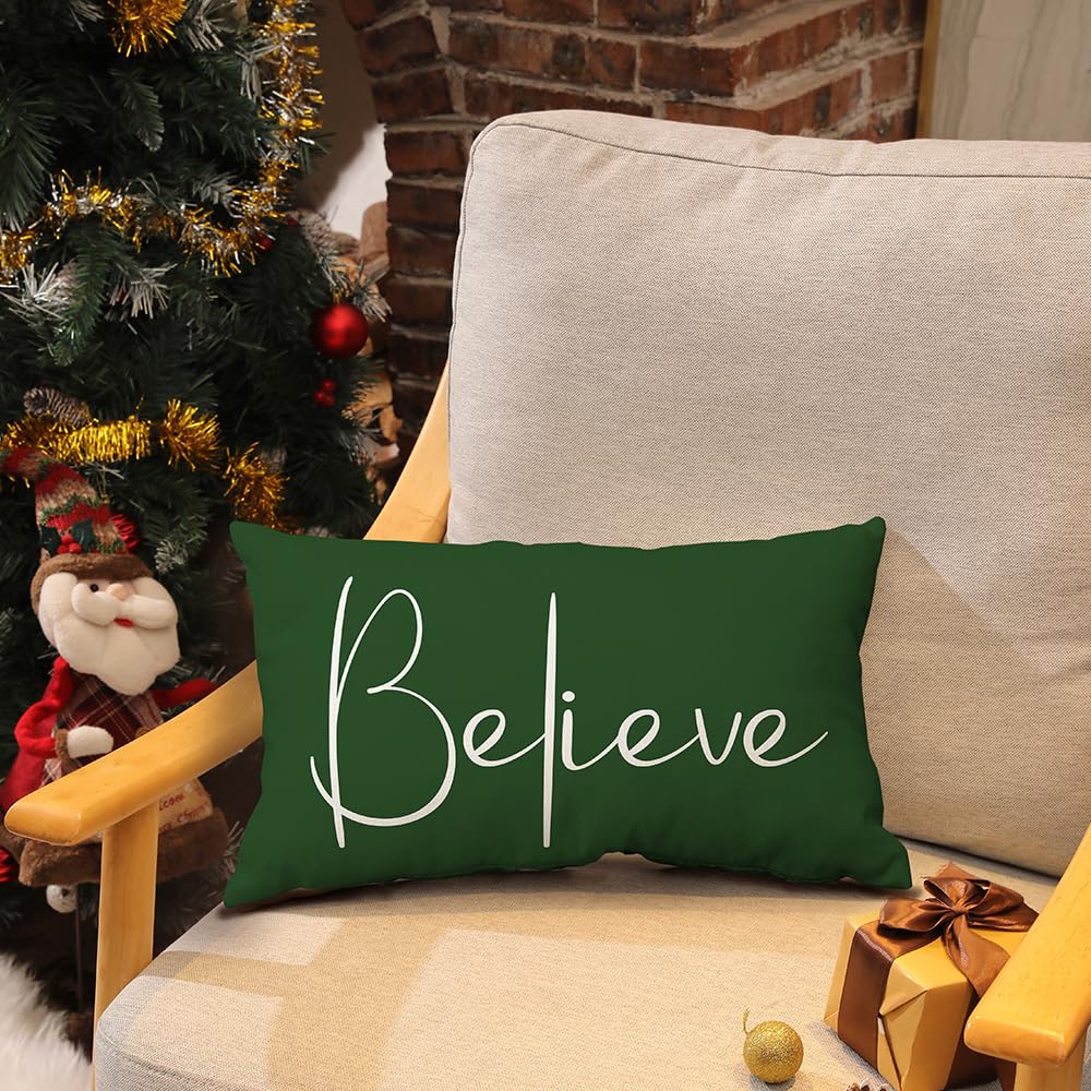 Christmas Throw Pillow Covers 12x20 Inch Set of 2 Merry Christmas Farmhouse Decorations Believe Holiday Decor Throw Cushion Case for Home Couch